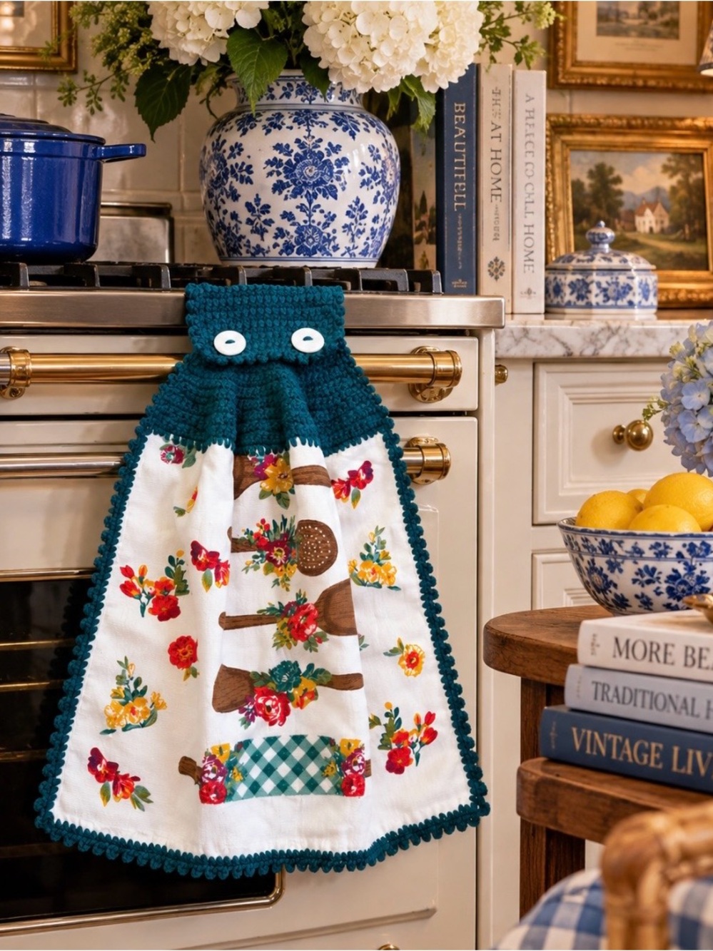 Pioneer Woman Handmade Crochet Hanging Kitchen Towel Teal Floral Utensils
